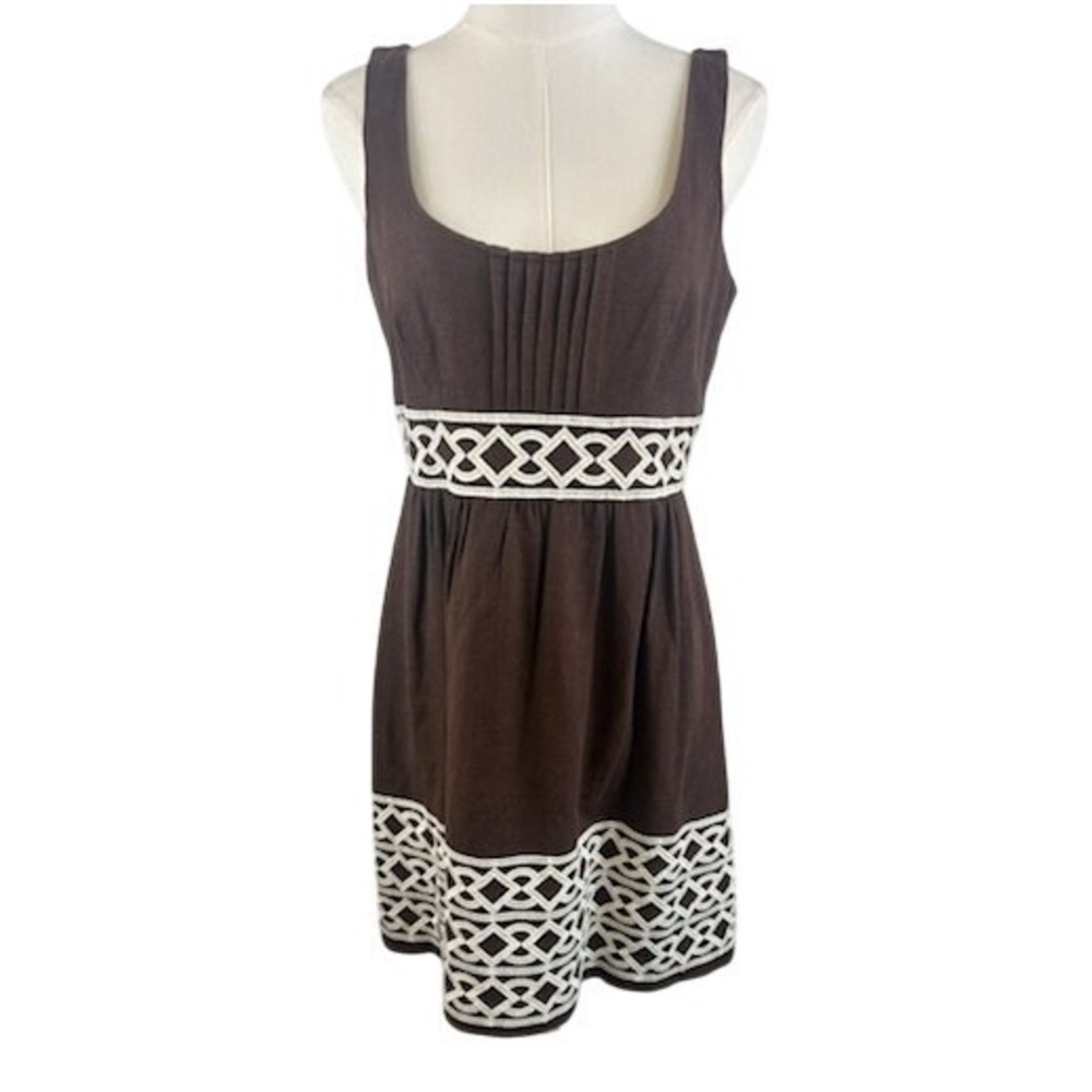Shoshanna Dress Women's Size 10 Brown Linen Blend Geometric Trim